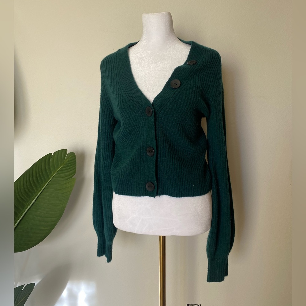 Express wintergreen button up sweater v neck slight balloon sleeve size medium